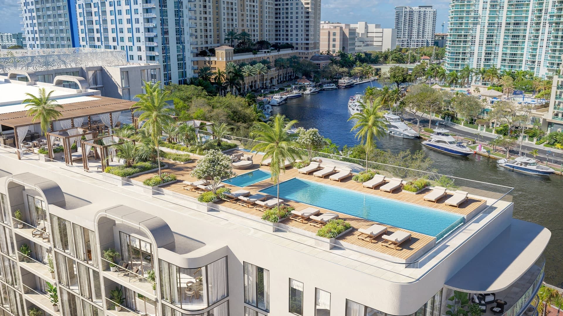 Sixth and Rio rooftop pool with boats in Fort Lauderdale
